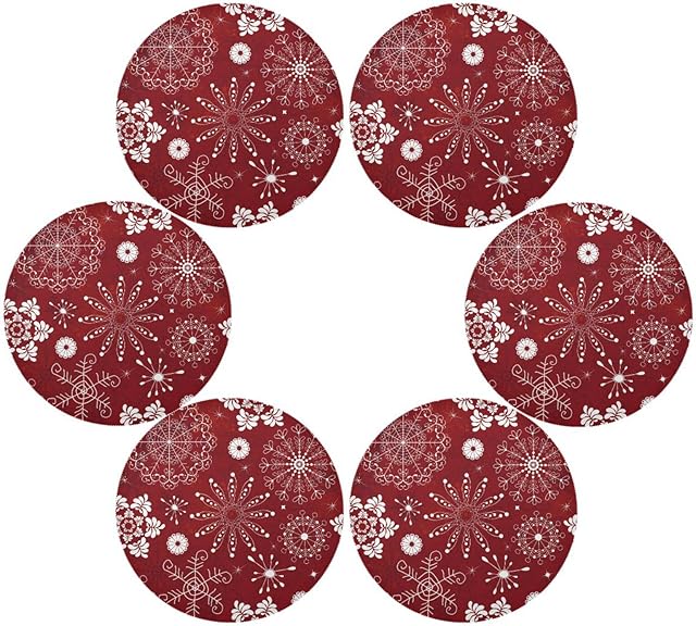 Vintage Christmas Red Snowflakes Round Placemats for Kitchen Dining Table Heat Insulation Non-Slip Washable Place mats Set of 6