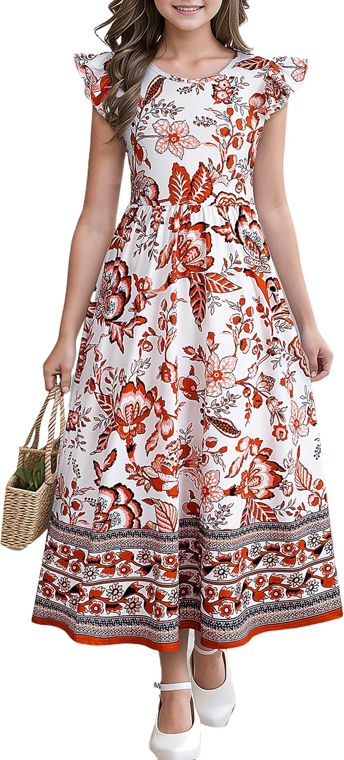 Girl's Dress Summer Boho Floral Flutter Sleeve Party Casual A Line Vacation Maxi Dress 9-14 Years