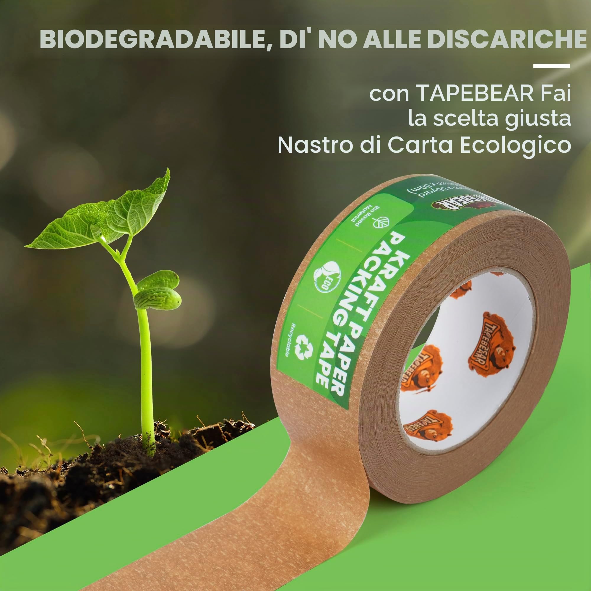 TAPEBEAR Nastro di Carta per Imballaggio 50m x 50mm, 12Rotoli Riciclata Nastro Adesivo Marrone, Ecologico Nastro Adesivo Pacchi per Scatole, Scatoloni e Cartoni, Trasloco e Spedizioni