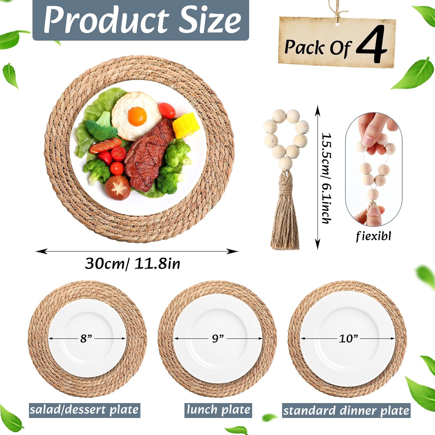 Set of 4 Table Runner and Placemats Boho Napkin Rings, Farmhouse Macrame Table Runner Rustic Round Woven Decorative Place Mats for Bohemian Kitchen Dining Tables Decor (Blue)