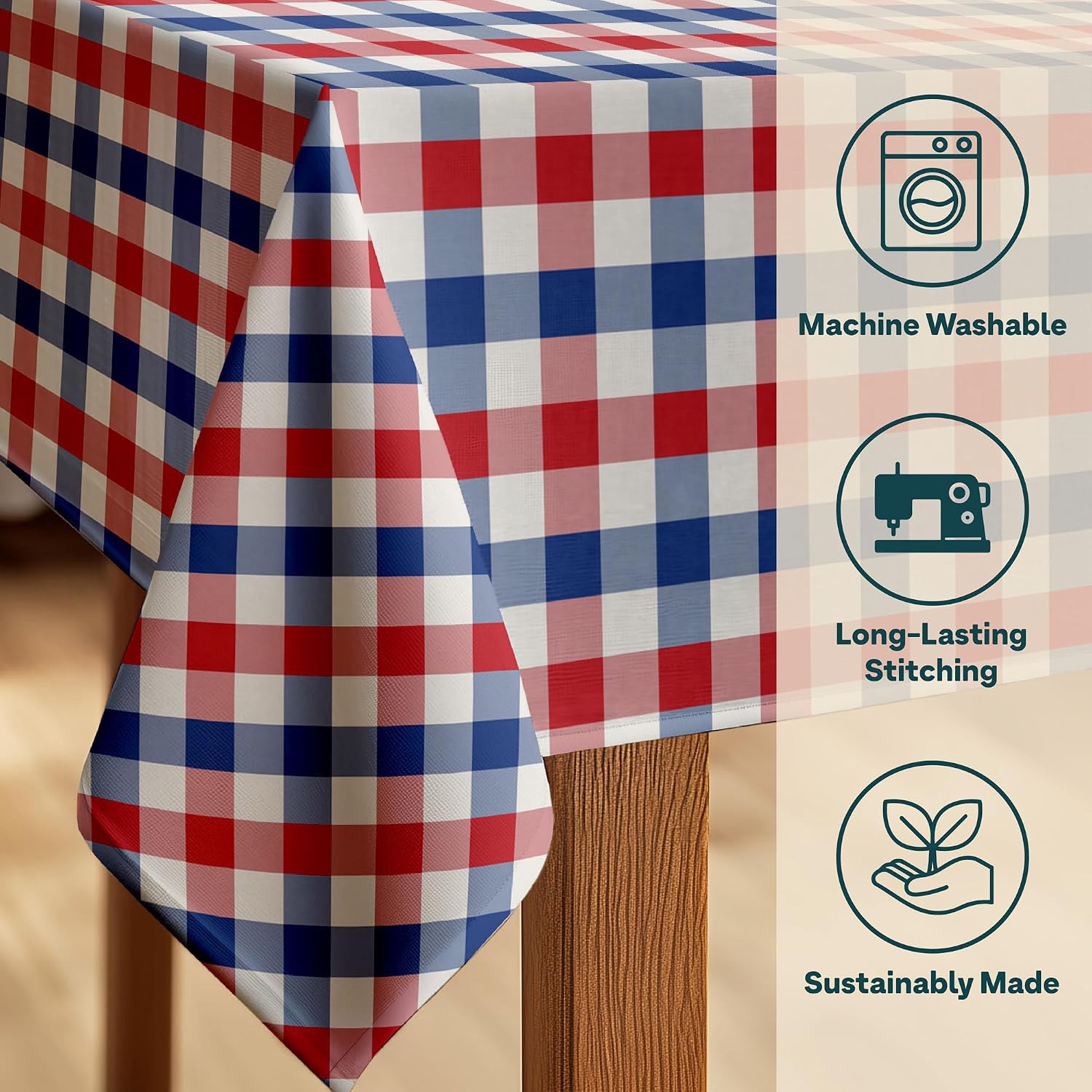 Winslow & Brody Red White and Blue Plaid Tablecloth | Checkered Linen Fourth of July Table Decorations | Gingham Summer Home Party Dining Room Décor | Made in America - 60" x 120" Rectangular