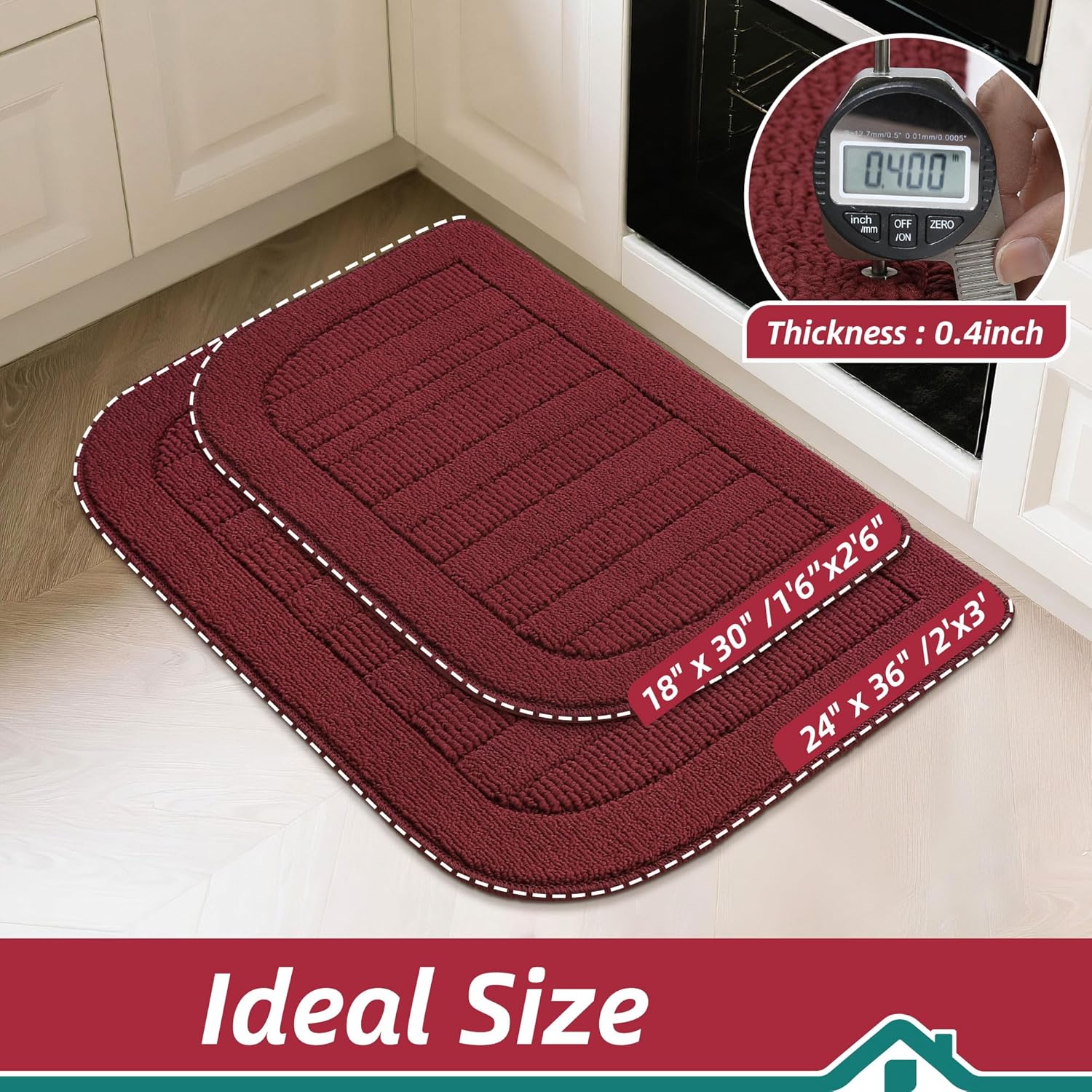 BEQHAUSE 24x36 Inch Kitchen Rug Mat Durable Kitchen Rugs Non-Slip Washable Absorbent Kitchen Mats for Floor Dirt-Resistant Semicircular Kitchen Mat (Red)