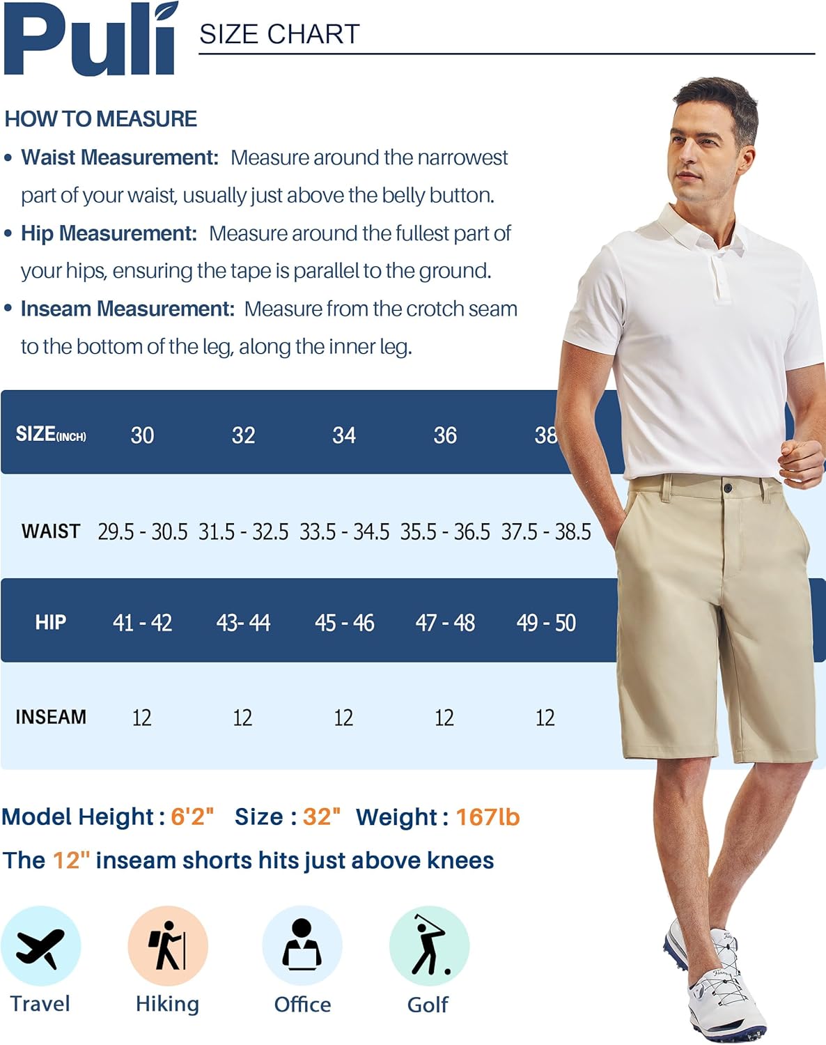 PULI Mens Golf Hiking Shorts Lightweight Casual Dress 12"/10" Inseam Work Stretch Travel Hybrid Quick Drying with Pockets - Image 6