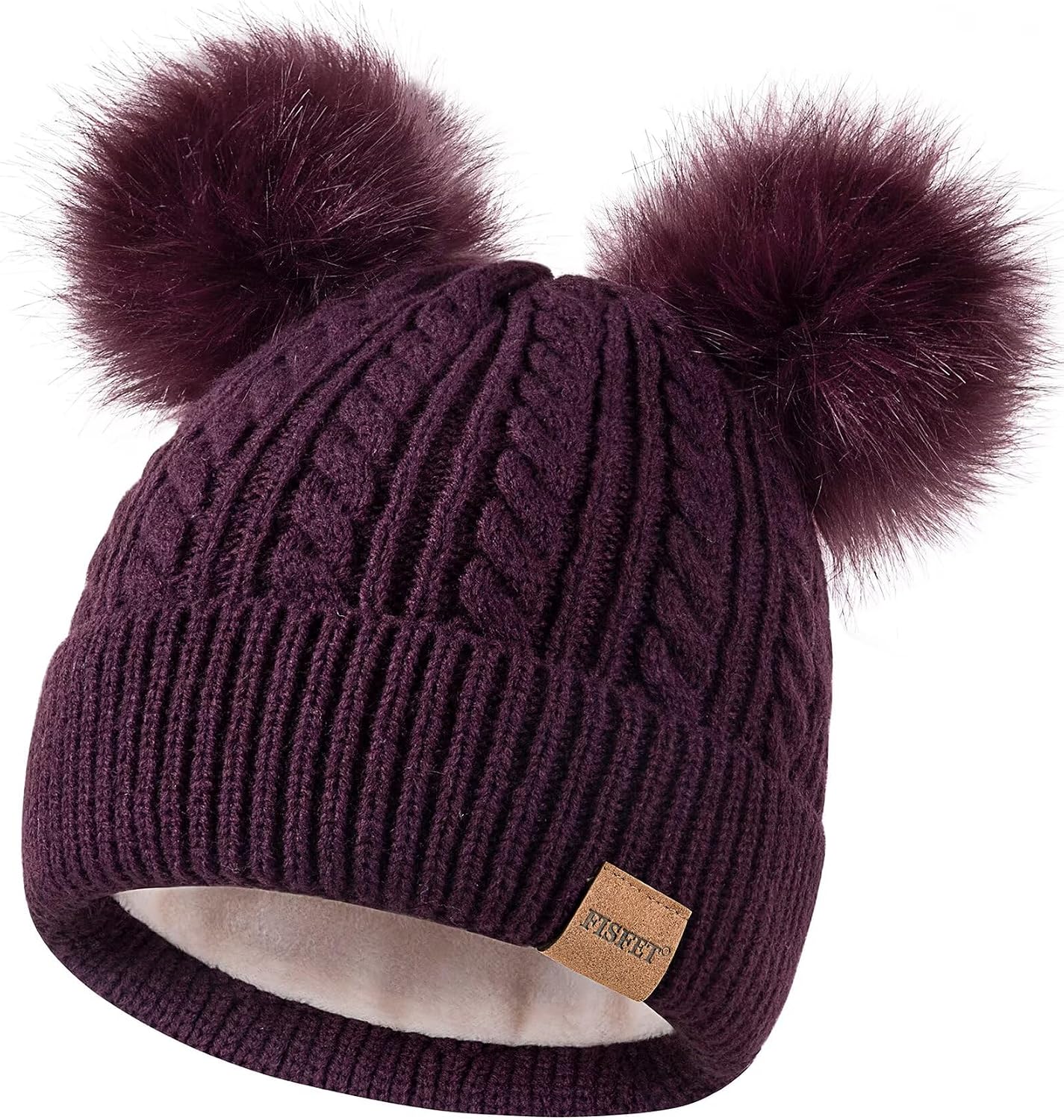 Beanies Women with Double Pom Pom, Winter Hats for Women Cold Weather Warm Cable Knit Fleece Lined, Cute Beanie Cap for Daily Use(Dark Purple-B)