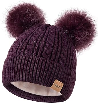 Beanies Women with Double Pom Pom, Winter Hats for Women Cold Weather Warm Cable Knit Fleece Lined, Cute Beanie Cap for Daily UseDark Purple-B