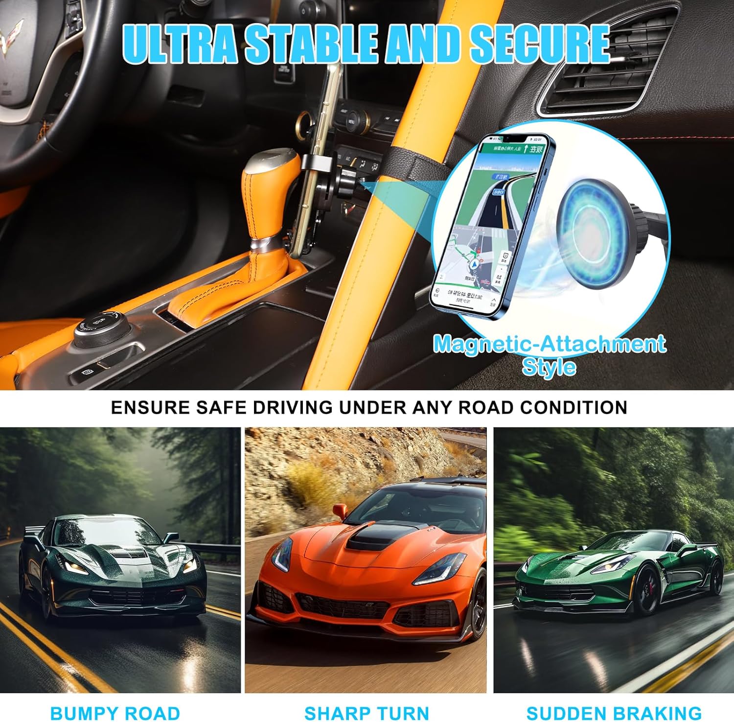Car Phone Holder for Corvette C7 2014-2019 Aluminum Centre Console Handle Fixed Mobile Phone Mount Holder for Car Fit for iPhone Android and Universally Smartphones (A)