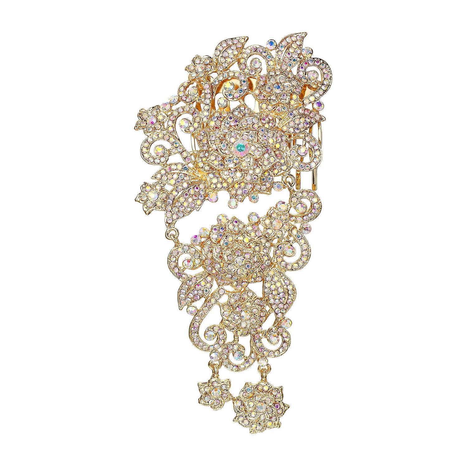 EVER FAITH Austrian Crystal 5.9 Inch Flower Cluster Hair Comb Iridescent Clear AB Gold-Tone