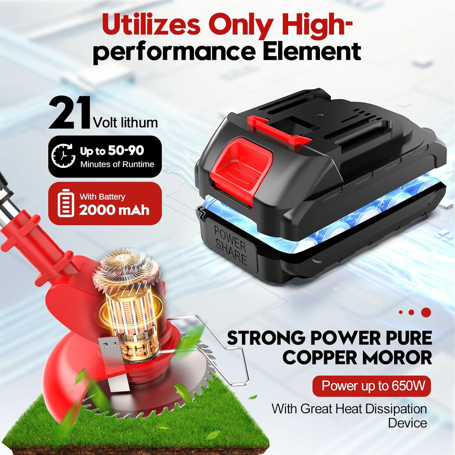 6 inch Electric Stringless Weed Wacker Metal Blade, Electric Weed Trimmer Eater Battery Powered 4000mAh 21V, 3 in 1 Cordless No String Grass Trimmer Mini Mower Edger Brush Cutter,Garden Weed Tool