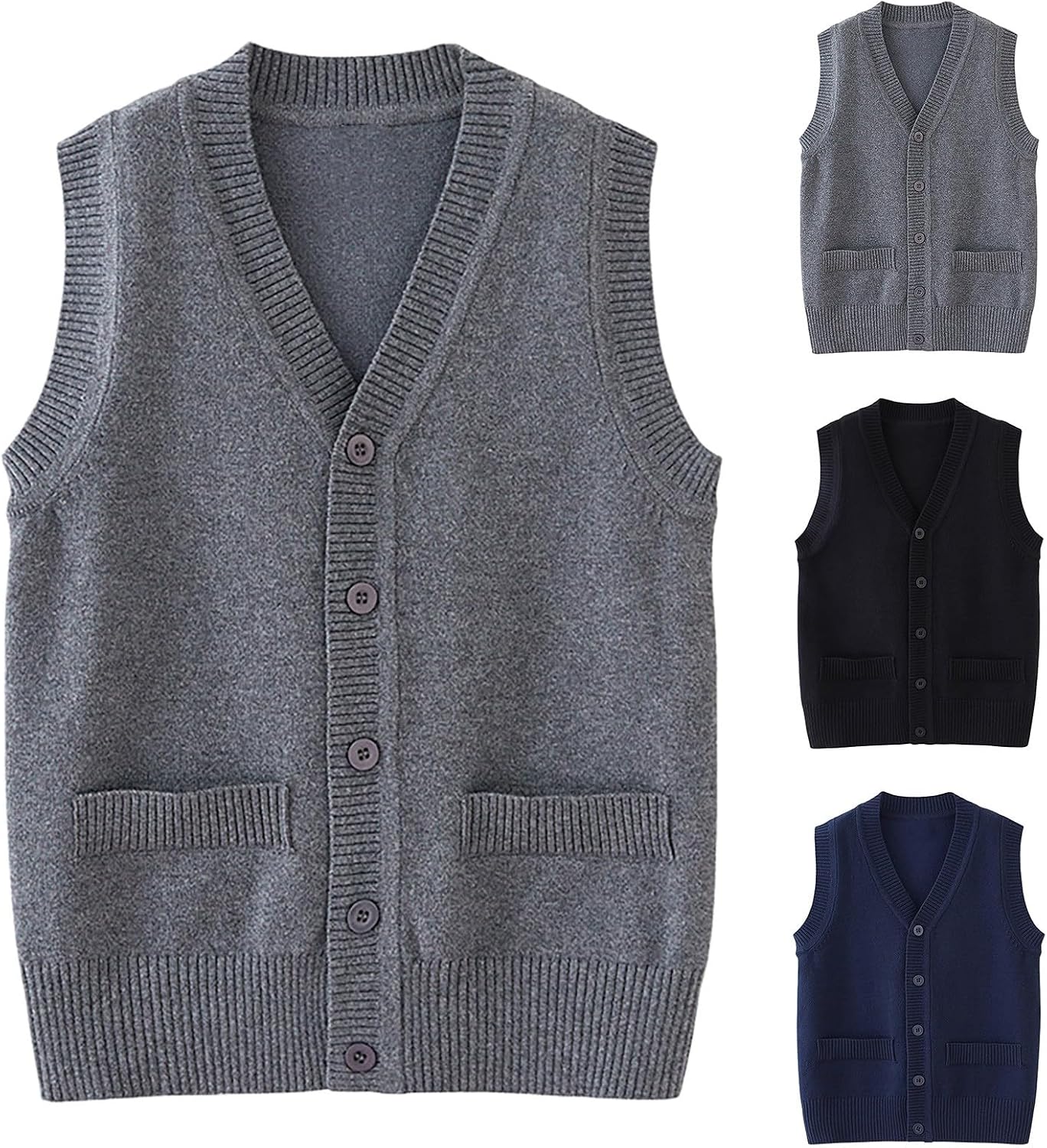 Boys Girls School Uniform Sweater Vest Back to School V Neck Sleeveless Sweaters Cardigan Button Down Solid Ribbed Knit