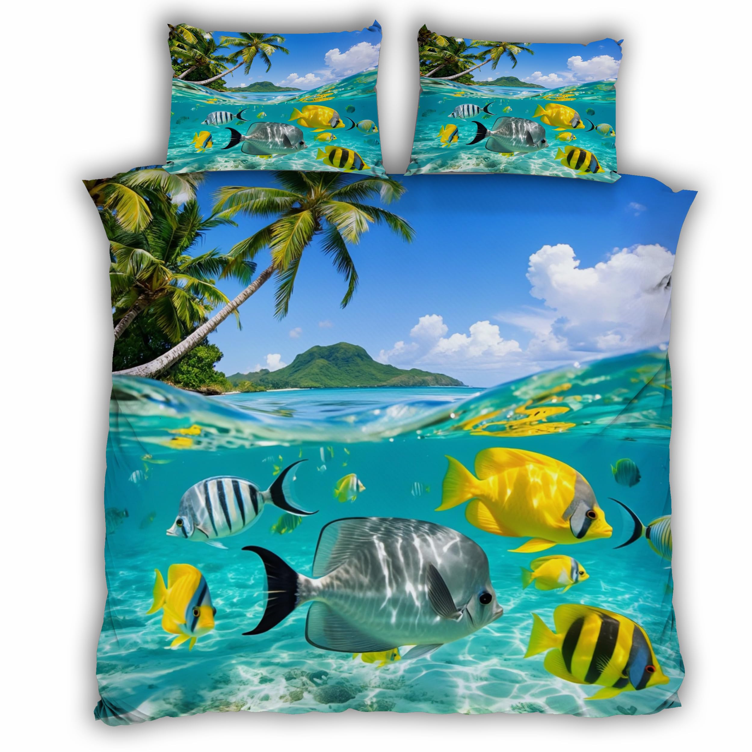Housse de couette 220x240 palmiers et poissons ocean avec 2 taies d'oreiller pour lit 2 personnes