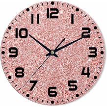 Rose Gold Pink Red Glitter Wall Clock Battery Operated Sparkling Shiny Texture Wall Clock Silent Non Ticking Quality Quartz 10 Inch Round Easy Clock to Read for Home Office