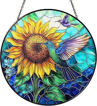 Hummingbird Stained Glass Suncatcher Sunflower Window Decor, Memorial Hanging Ornament, Bird Lover Gift for Women Adults, Mom, Grandma, Friends, Christmas & Birthday Gifts, Mothers Day Present