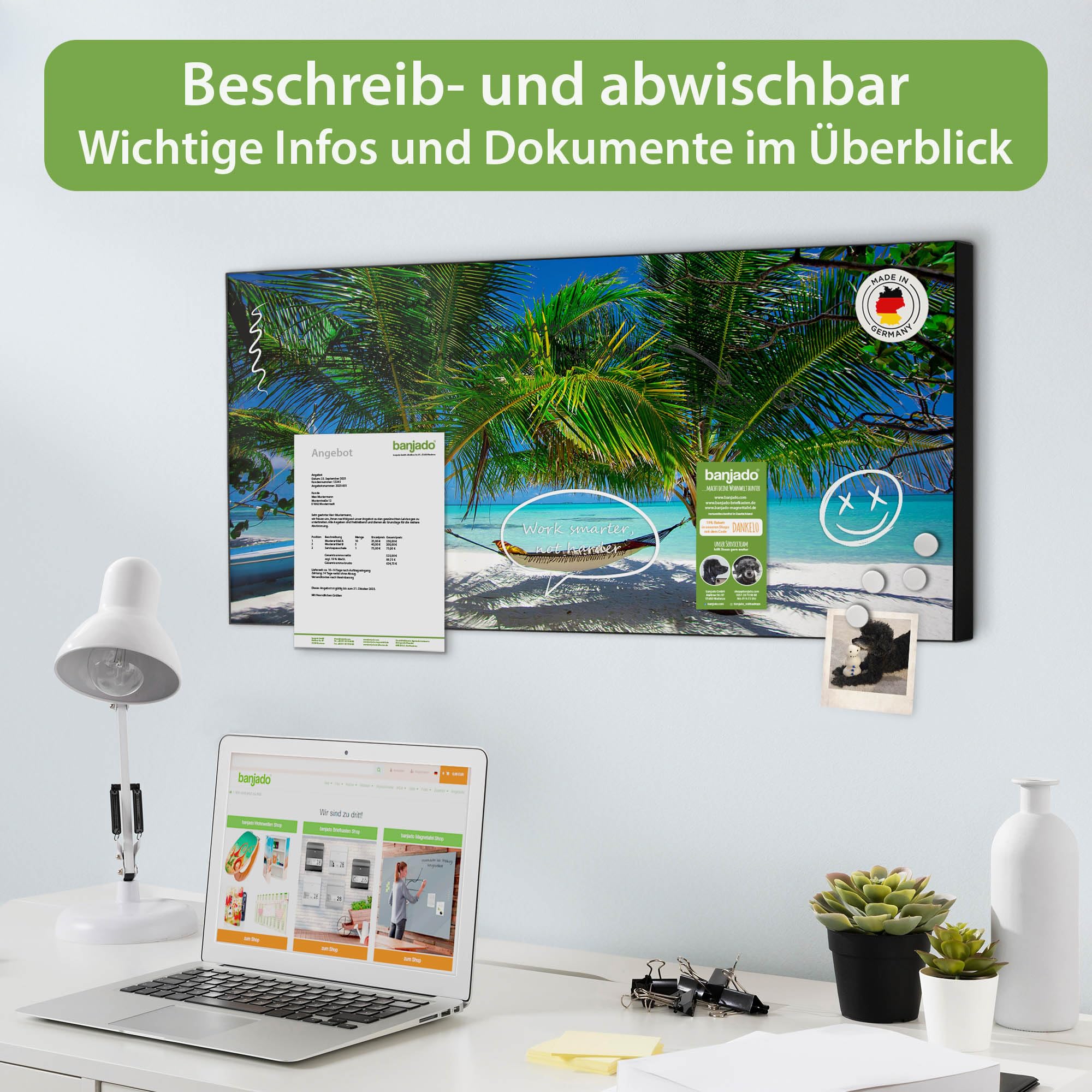 banjado Magnettafel Metall 78 x 37cm - beschreibbare Magnettafel - Metall Pinnwand als Memoboard - Magnetwand Küche, Büro, Kinderzimmer Schwarz inkl. 4 Magnete & Montageset - Motiv Strand