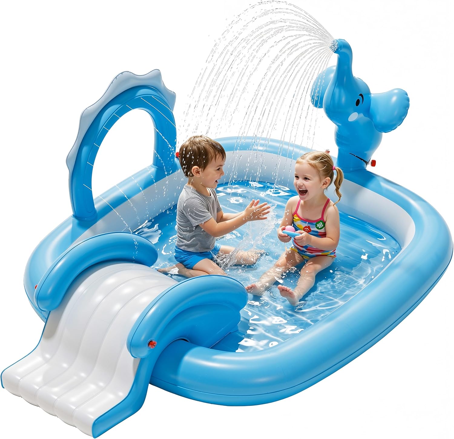 QPAU Elephant Kids Pool with Slide and Sprinkler, Inflatable Play Center with 4 Rings, 72 × 64 × 37 in, Fast Inflation Kiddie Pool for Garden & Backyard, Birthday Gift for Ages 1+ (Blue)