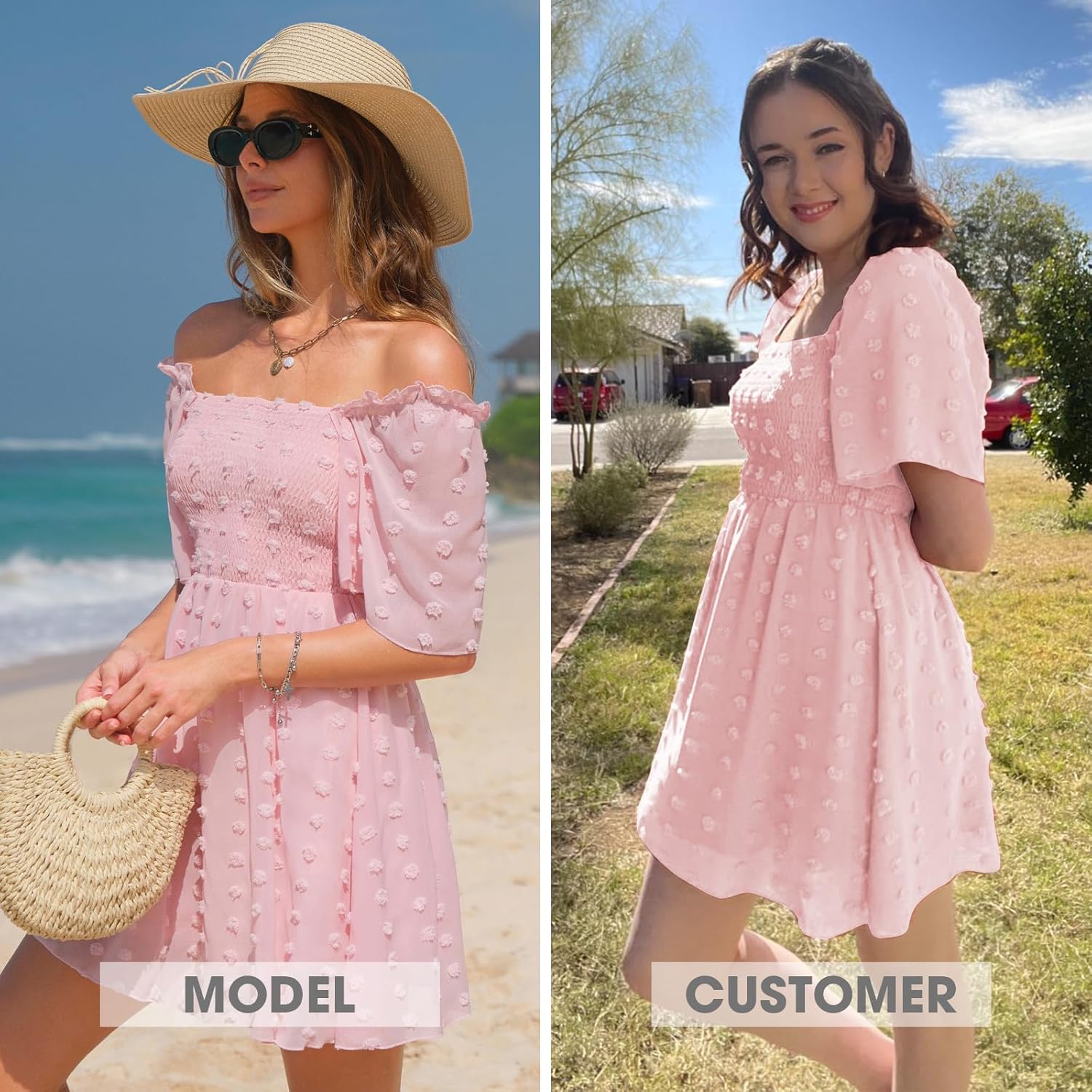 EXLURA Women's 2026 Summer Casual Square Neck Dresses Ruffle Short Sleeve Swiss Dot Flowy Mini Dress - Image 4