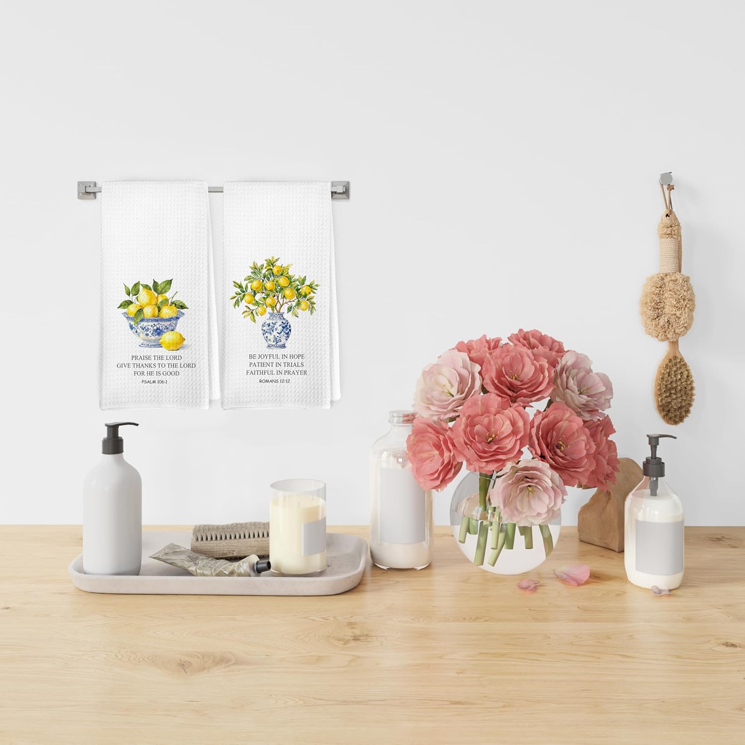 Dibor Christian Chinoiserie Lemon Kitchen Towels Dishcloth Set of 2, Lemon Gifts Decor Dish Towels, Grandmillennial Lemons Tree Bible Verse Religious Decorative Hand Tea Towel for Kitchen, 16x24 Inch