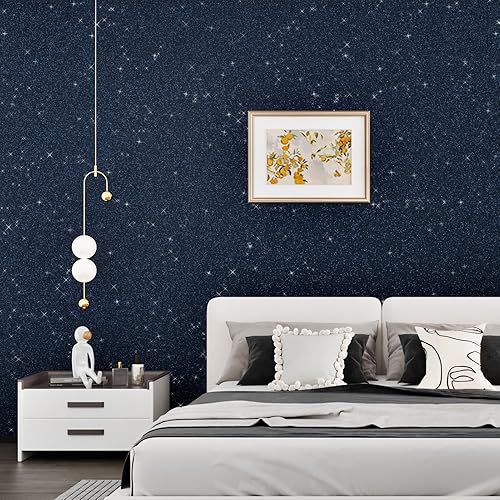 Miniatura 4 de WESTICK Papel tapiz con purpurina azul y negro para dormitorio, papel de contacto con purpurina brillante, papel tapiz con textura oscura para sala