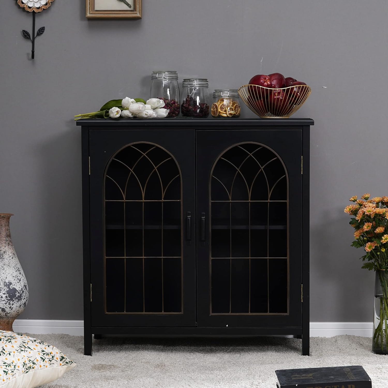 MFSTUDIO Accent Storage Cabinet with 2 Doors, Distressed Storage Cabinet Buffet Sideboard Display Cabinet with Metal Church Window Door for Entryway Living Room Kitchen, Black