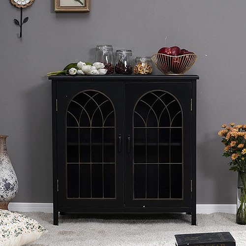 Miniatura 7 de MFSTUDIO Gabinete de Almacenamiento Decorativo con 2 Puertas, Gabinete de Almacenamiento Desgastado Aparador Buffet Gabinete de Exhibición con Negro