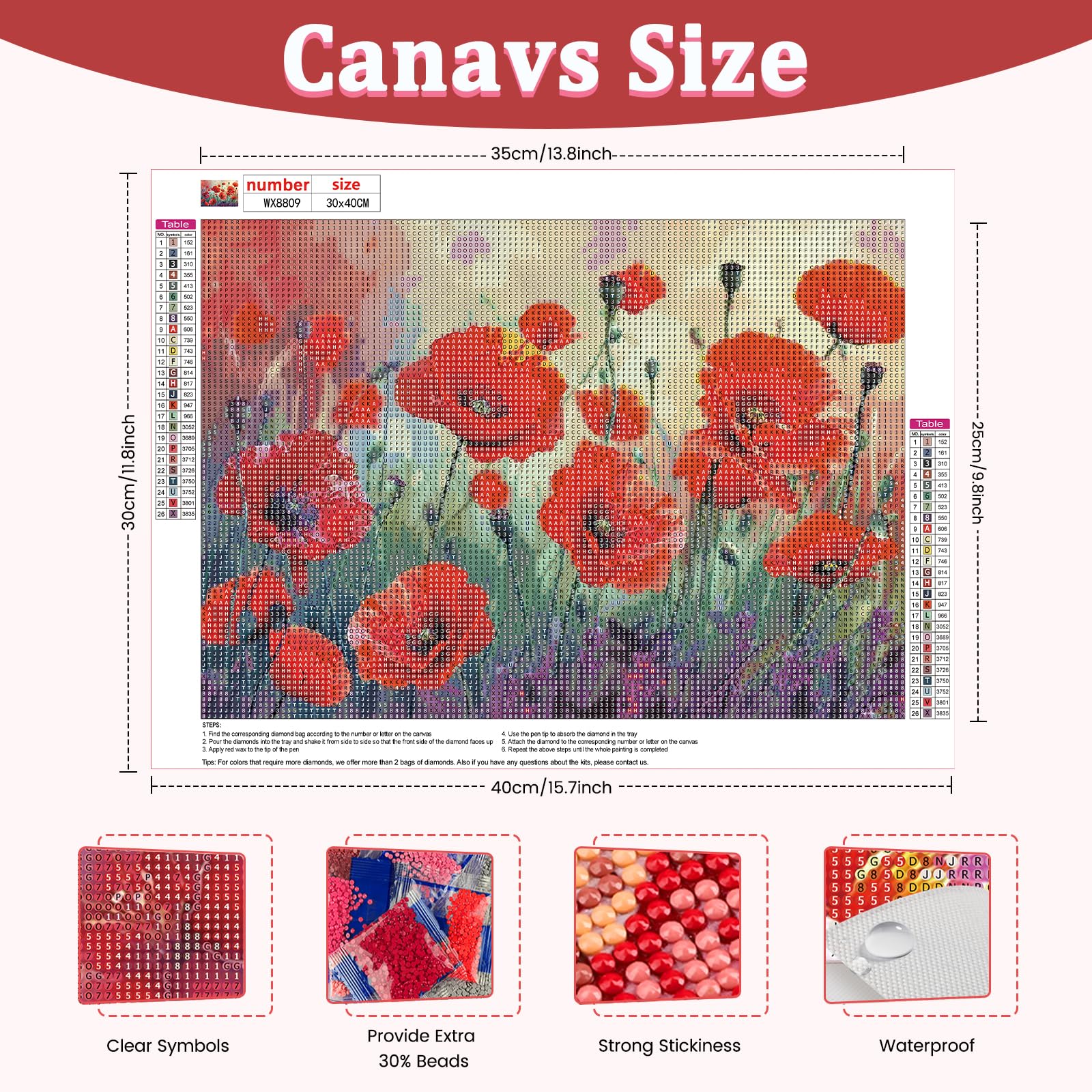 Kit Diamond Painting Papavero 30x40 Cm - Pittura Con Diamanti 5D Fai Da Te Per Decorazione Casa - Foto 3