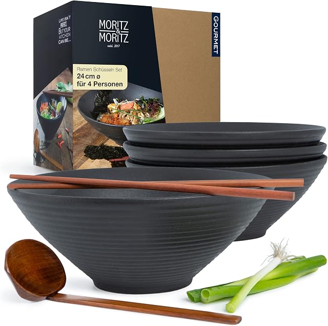 Moritz & Moritz 4 x miska ceramiczna Ramen  od 800 do 1300 ml  24 cm Ø  czarna miska Ramen dla 4 osób  do zupy, pho i sushi  w zestawie pałeczki i łyżki