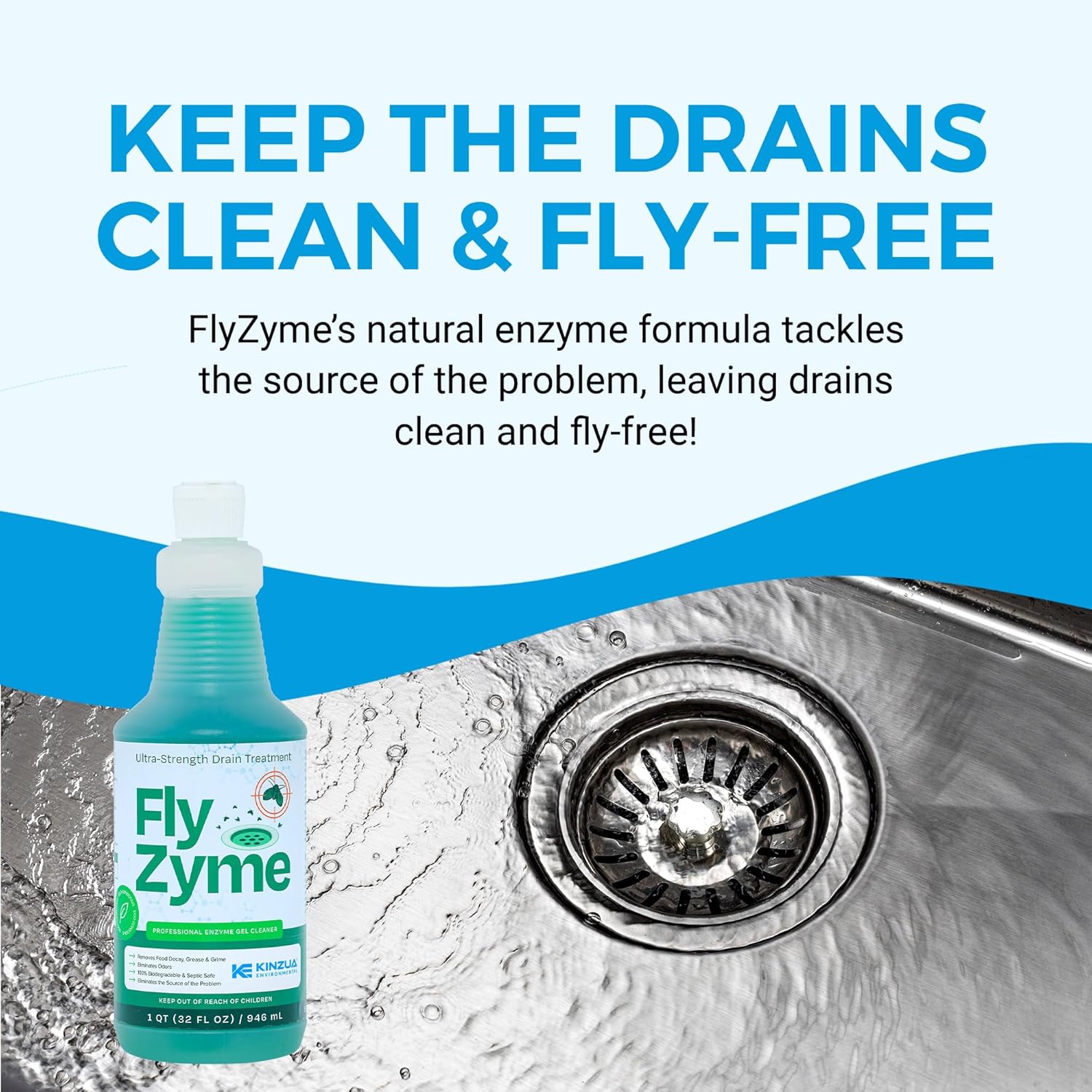 Kinzua Environmental Fly-Zyme, Highly Concentrated Enzyme Drain Cleaner for Pipes, Drain Gel for Fruit Flies, Organic Waste Degrader & Odor Neutralizer, 32 fl oz - Image 2
