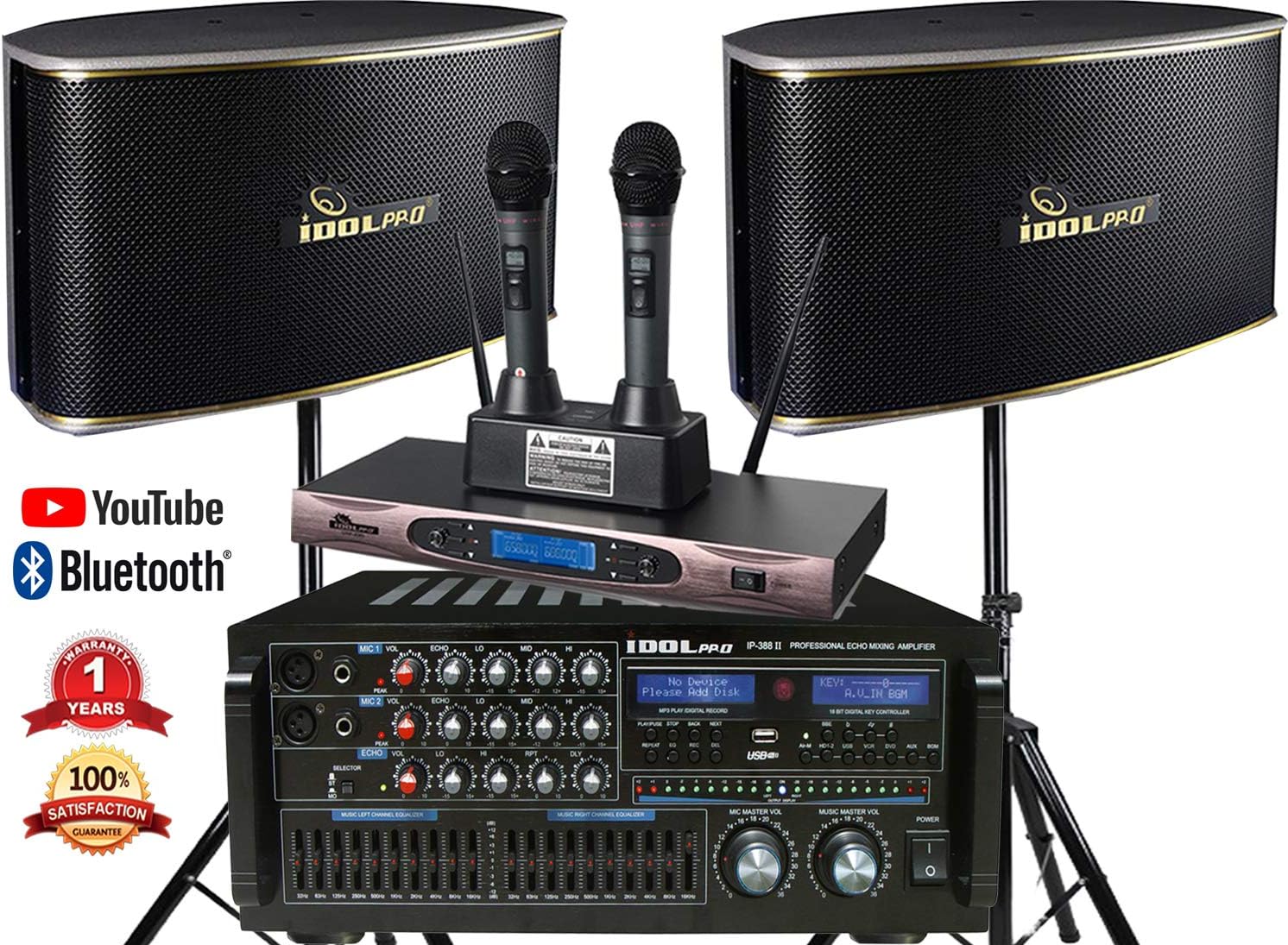 IDOLpro 1400Watts Professional Karaoke Mixing Amplifier With Bluetooth/Equalizer/HDMI Plus Speaker & Dual Rechargeable Wireless Microphone Karaoke System