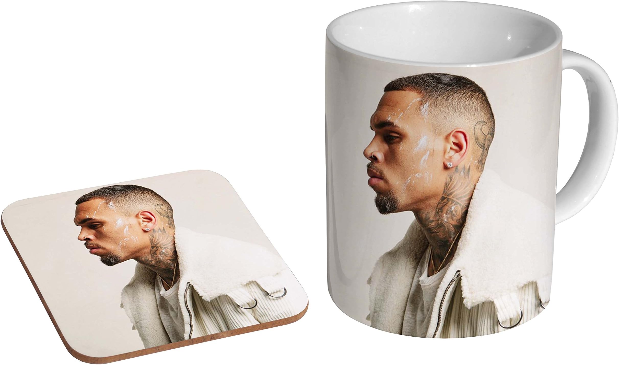 Chris Brown Mug and Coaster Gift Set – Ceramic Coffee Cup with Photo Print – R&B Music Fan Gift – Novelty Celebrity Mug 11oz