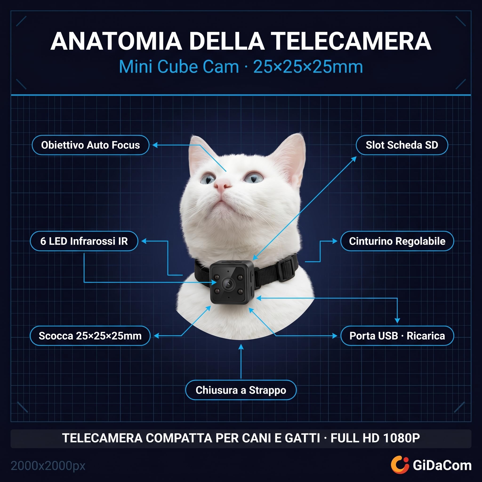 Mini telecamera portatile full hd 1080p, Cani e Gatti visione notturna a infrarossi, registrazione su SD, collare regolabile a strappo (CAMPET1)