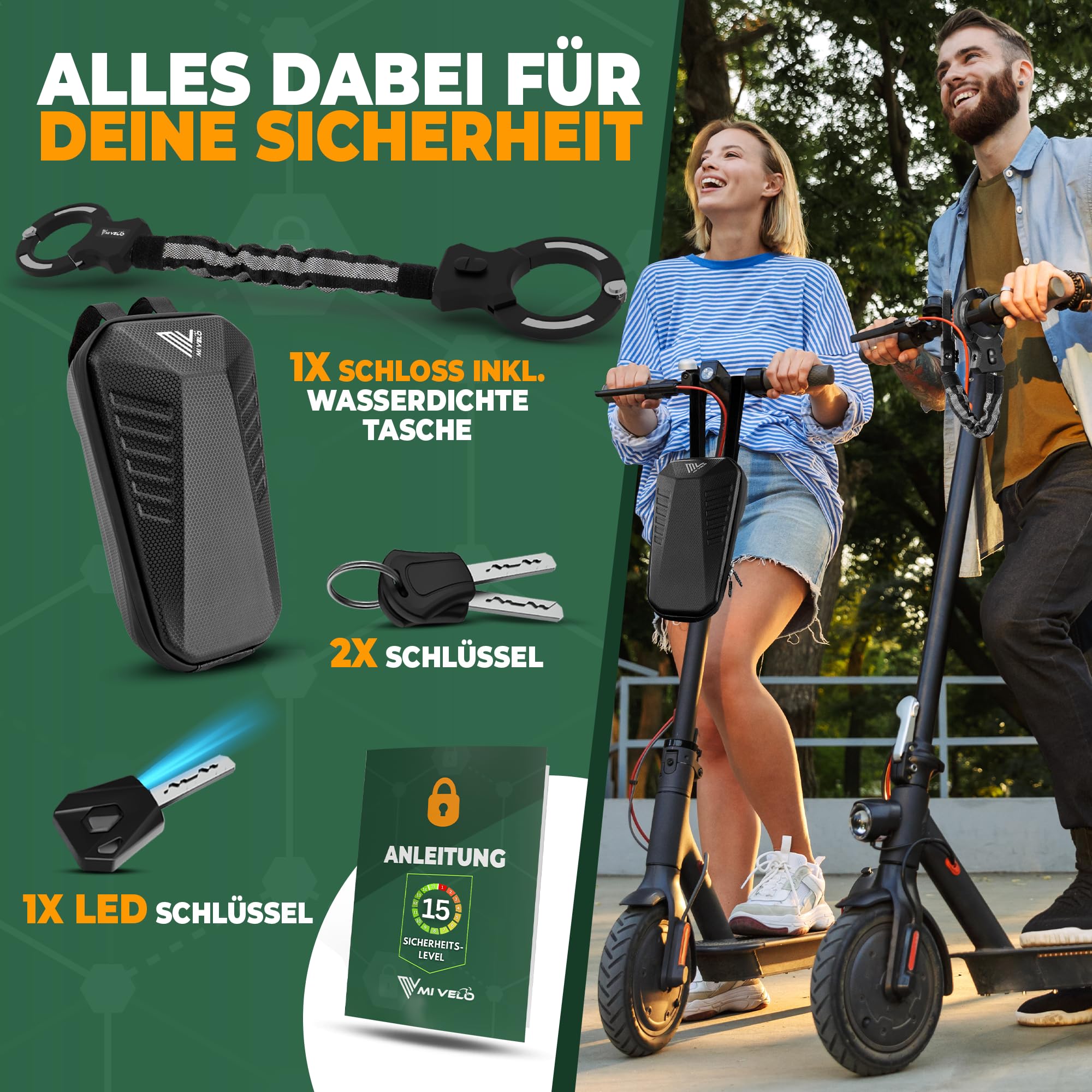 MIVELO E-Scooter Schloss extra sicher - Gelenkkettenschloss I Handschellenschloss für Elektroroller I Fahrradschloss hohe Sicherheit - Inkl. Halterung (PRO, mit Tasche)