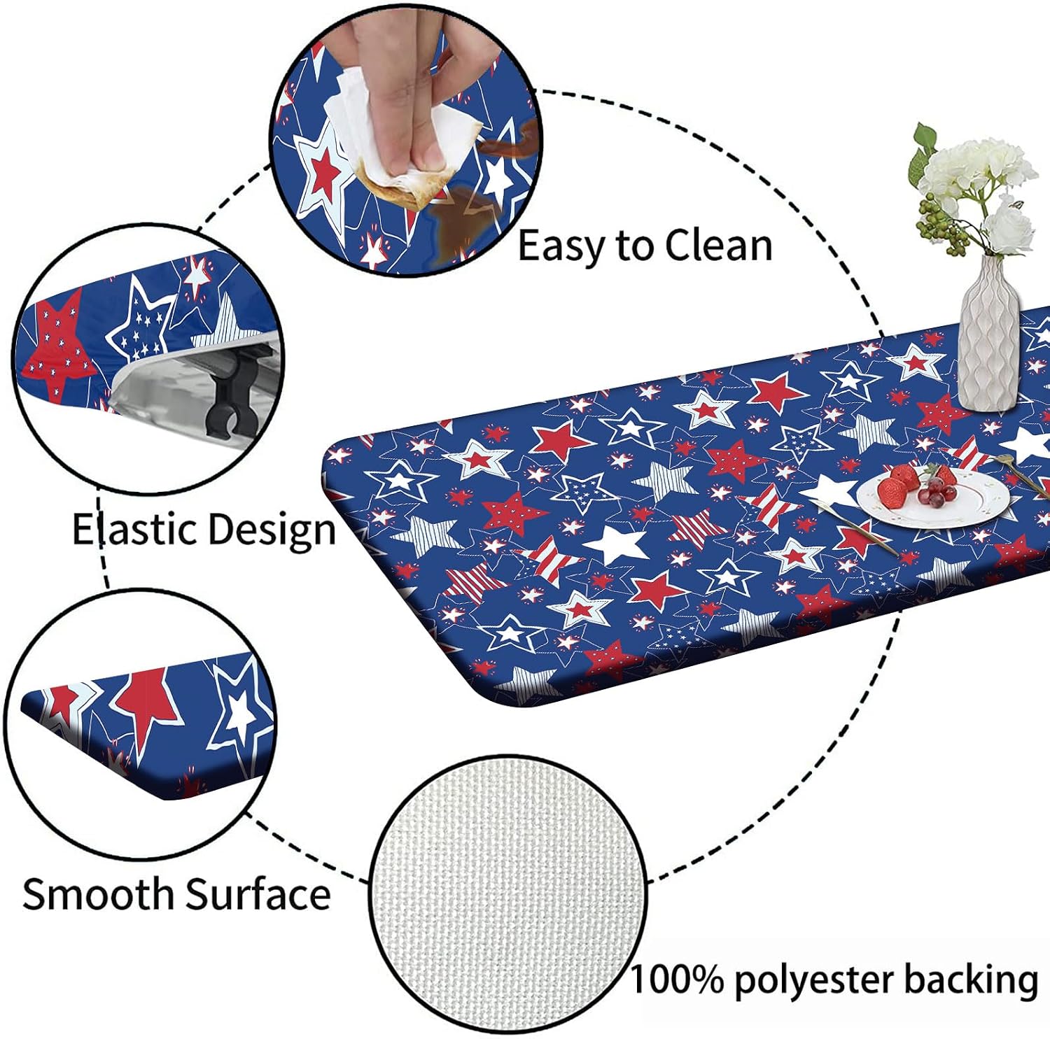 Patriotic American Stars Elastic Fitted Edge Table Cloth, Red, White, Blue, 30 x 96 Inches, Polyester, Picnic Table Cover