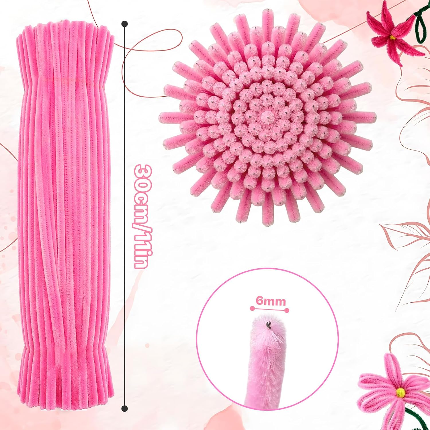 300Pcs Pink Pipe Cleaners Craft, 30cm Long x 6mm Thick 3 Assorted Fluffy Pipe Cleaners Pastel Chenille Stems Set, Gradient Pink Pipe Cleaners Bulk Fuzzy Sticks for Art DIY Flowers Festive Decorations