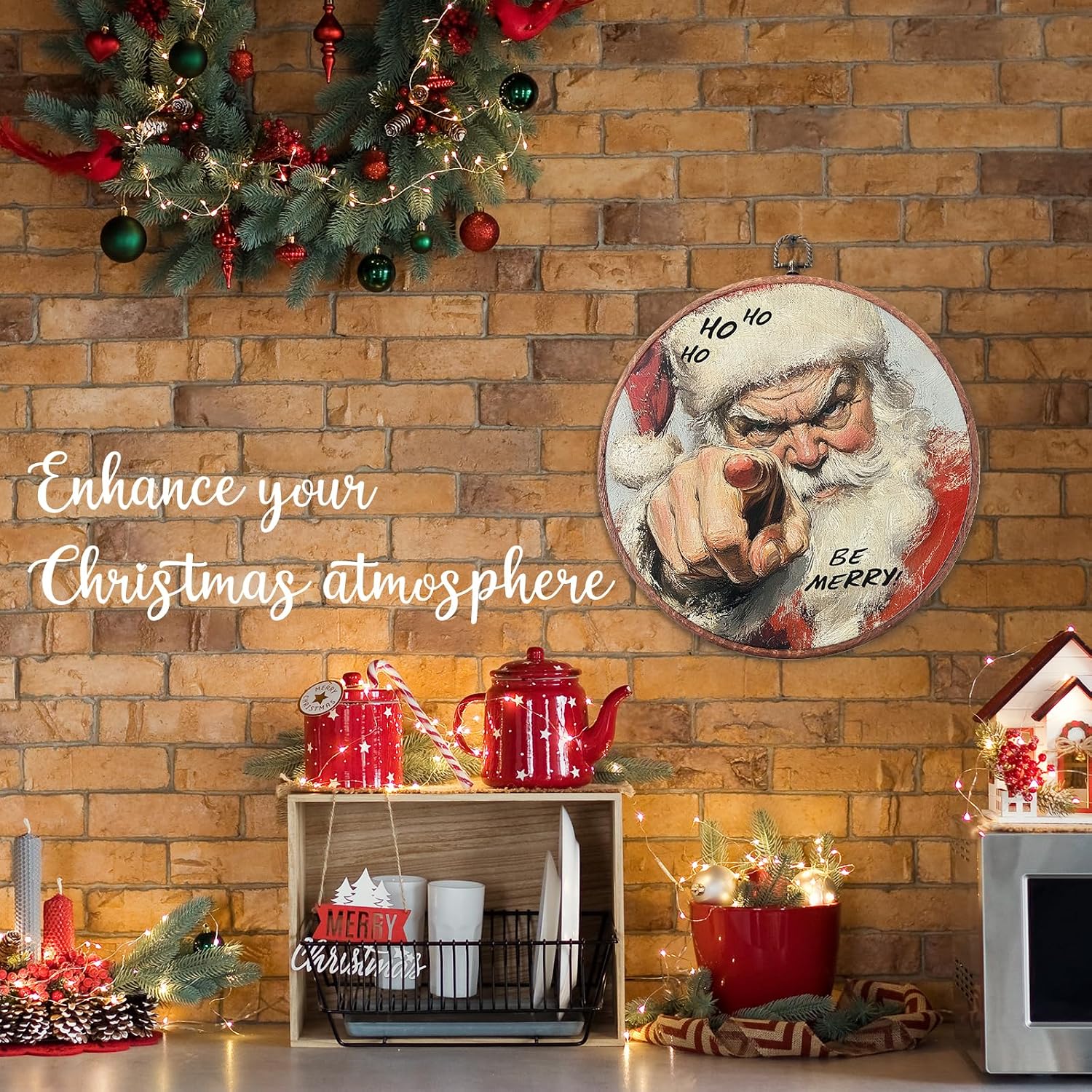 10" Christmas Vintage Round Wall Decor,Ho Ho Ho-Be Merry,Oil Painting Print Canvas Framed Wall Art,Applies To Bedroom Living Room Increase the festive atmosphere Or As A Gift - A05 image 4