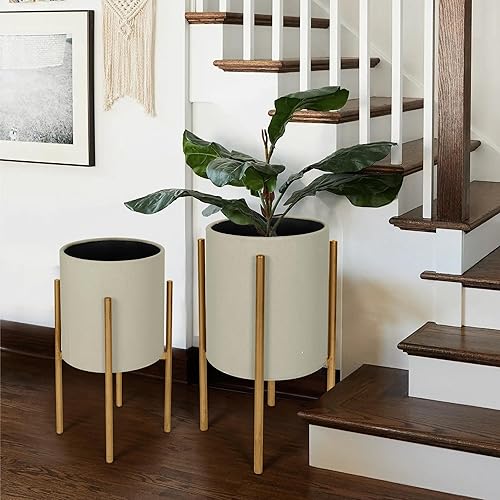 Miniatura 5 de Oakrain Macetas con soporte, juego de 2 macetas para plantas de interior, modernas macetas decorativas de metal para sala de estar, jardín, balcón