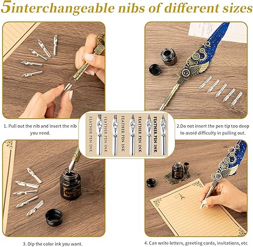 Miniatura 3 de Juego de tinta de pluma con sello de sello, juego de bolígrafo de caligrafía de plumas y tinta, kit de sellos de cera, cuaderno de caligrafía,