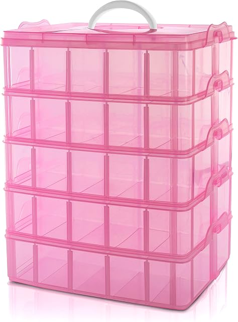 BELLE VOUS 5 Tier Pink Tall Clear Transparent Plastic Stackable Storage Box - Adjustable Compartment Slots - Max 50 Compartments - Container for Storing Toys, Jewellery, Beads, Arts & Crafts, Tools