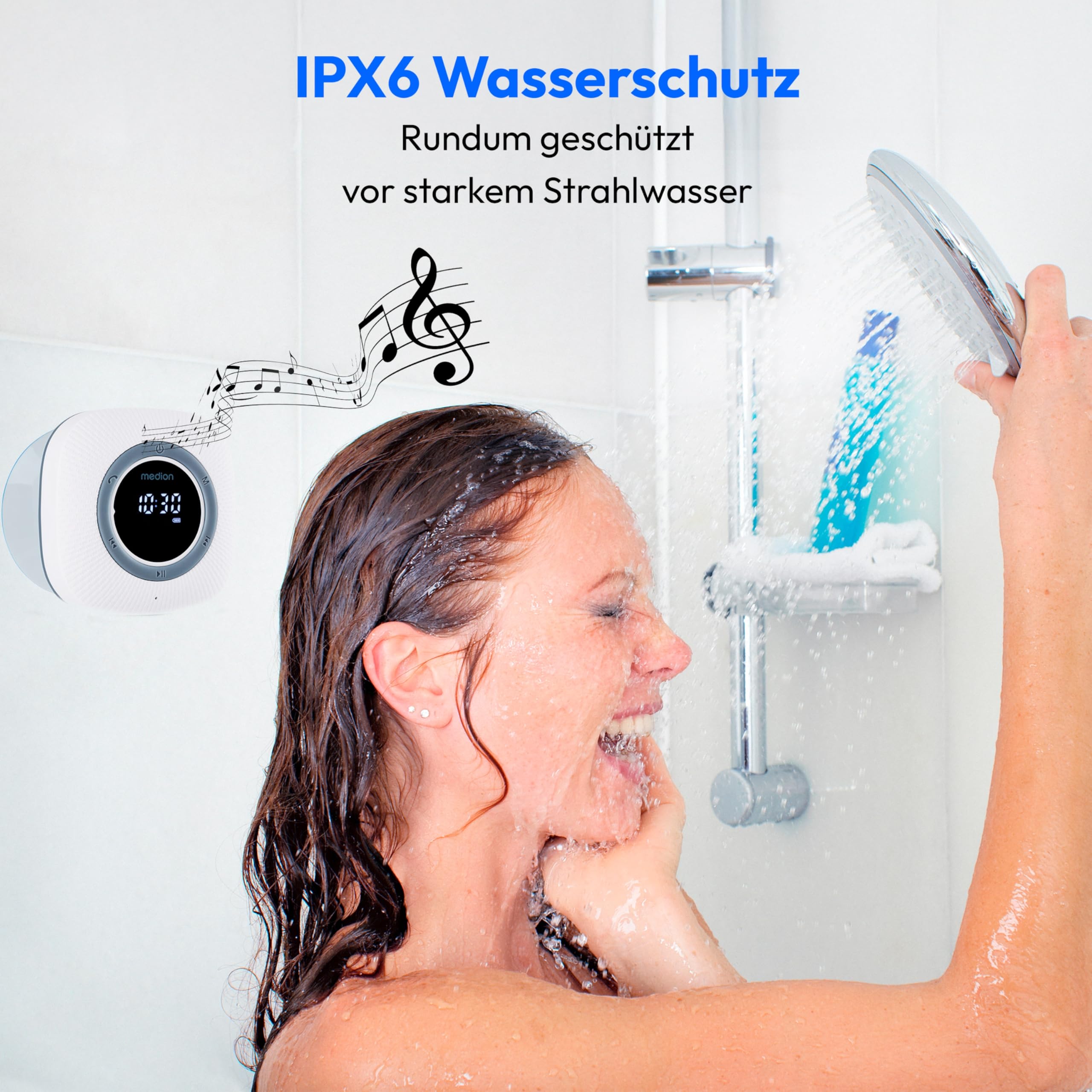 MEDION S66884 Duschradio mit Bluetooth (Badradio, UKW Radio, Saugnapf, LED-Display, IPX6 Wasserdicht, integrierter Akku, MD43884) weiß