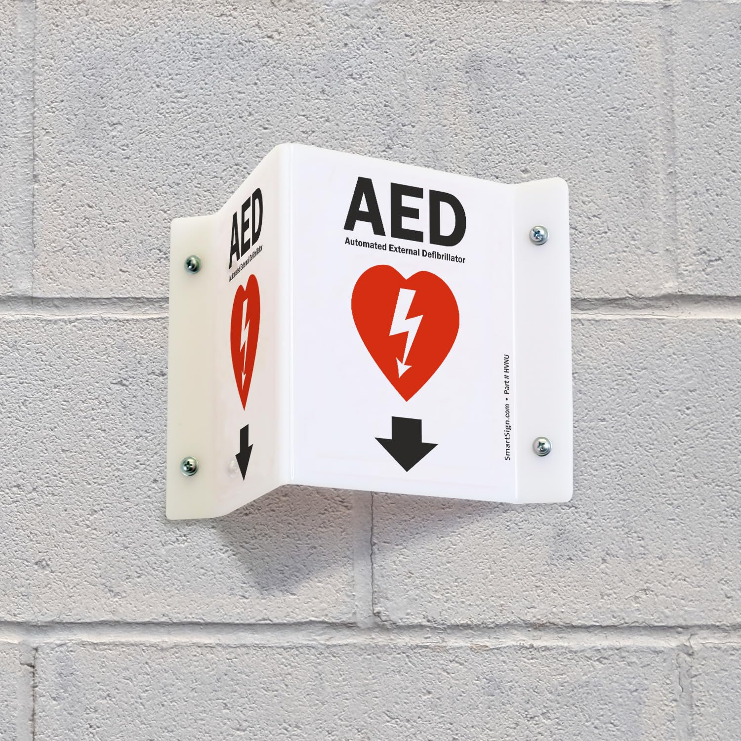 SmartSign (2-Pack) AED Projecting Sign with Down Arrow - 5" x 6", Two-Sided Wall Mount Polished Acrylic Corridor V-Sign, Red, White and Black