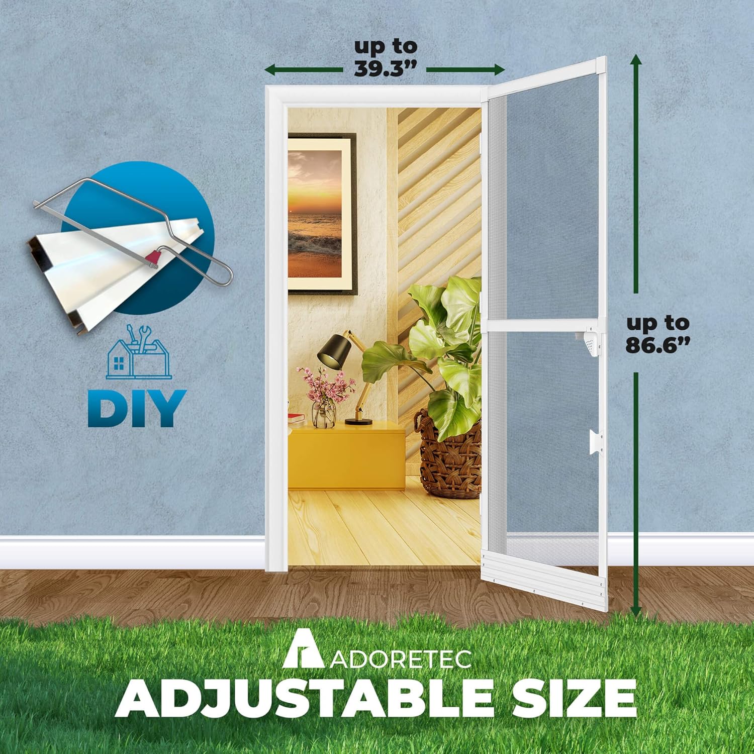 Adoretec Aluminium Hinged Swing Screen Door, DIY Kit Adjustable Size Stainless Aluminium Frame Fits Any Door Size up to 87" x 39" with Adjustable Mesh - - 