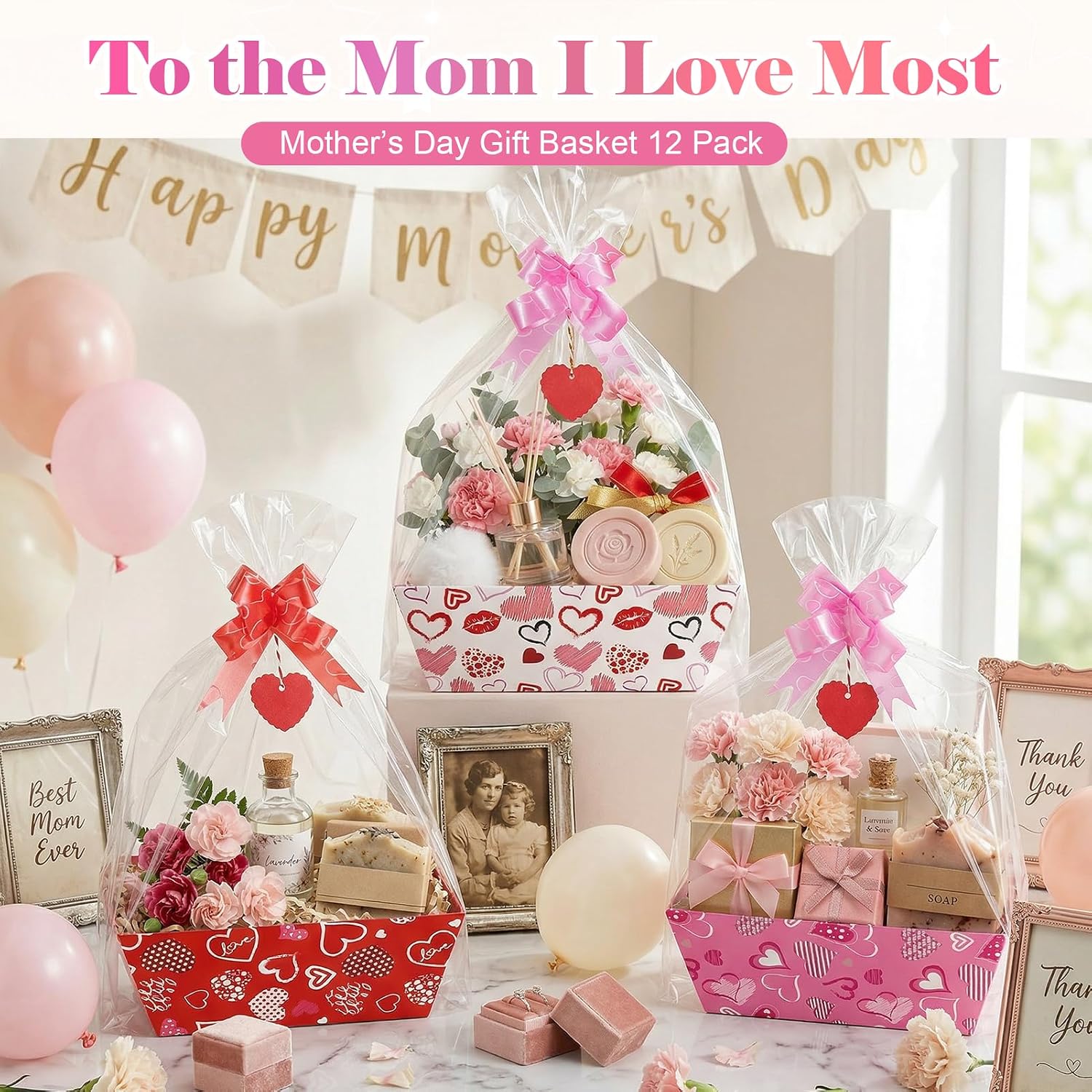 Dojomadf 12 Pack Happy Mothers Day Baskets for Gifts Empty with Cellophane Bags Bows Love Cards Happy Mother's Day Market Tray Cardboard Basket for Mom Birthday Party Decor