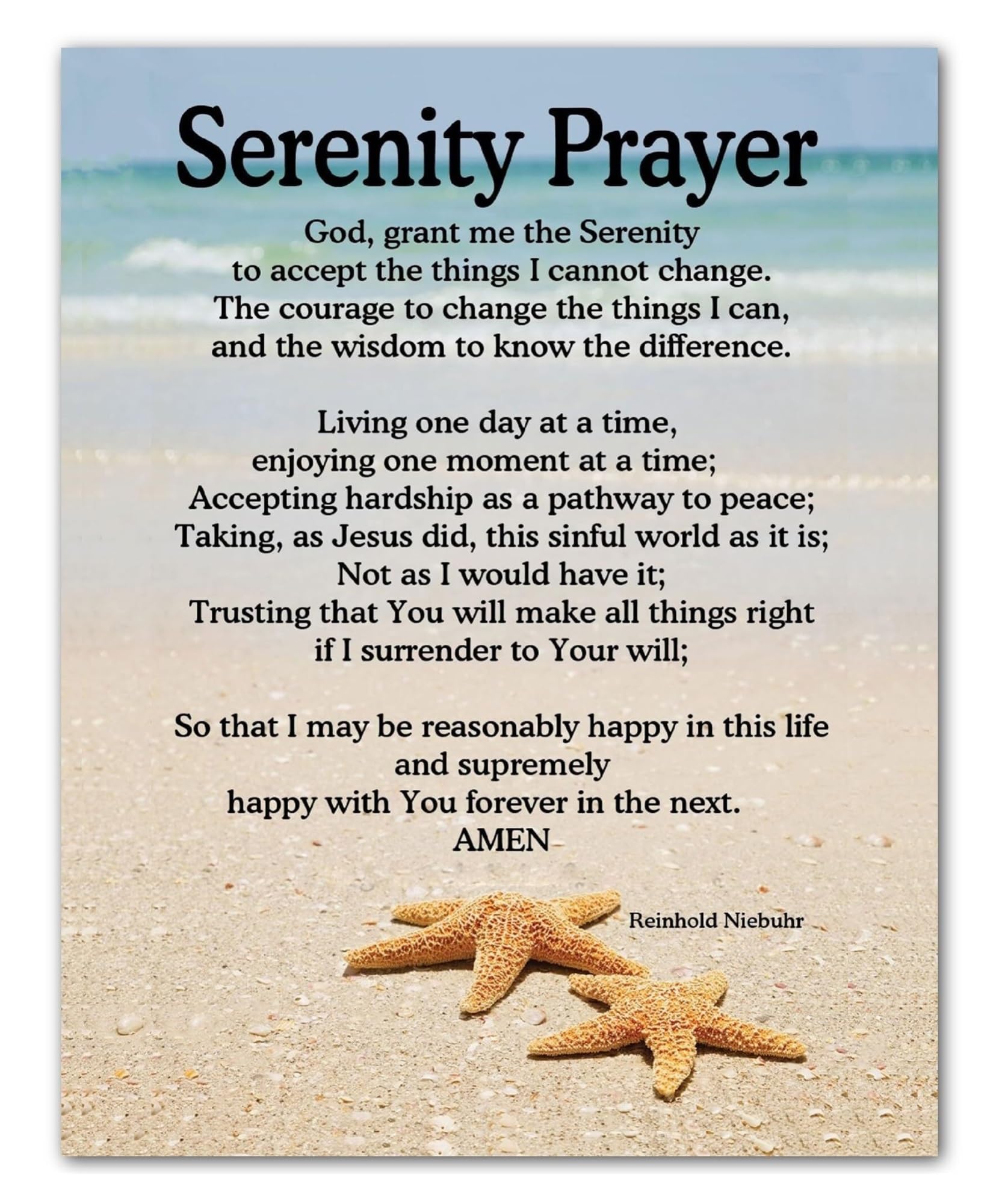 MQXFCZUX Coastal Faith Wall Decor, Serenity & Courage Bible Verse Poster, Starfish Inspirational Art for Home, Beach House, Church Office, Nautical Gift Idea Framed,12x18inch(30x45cm)