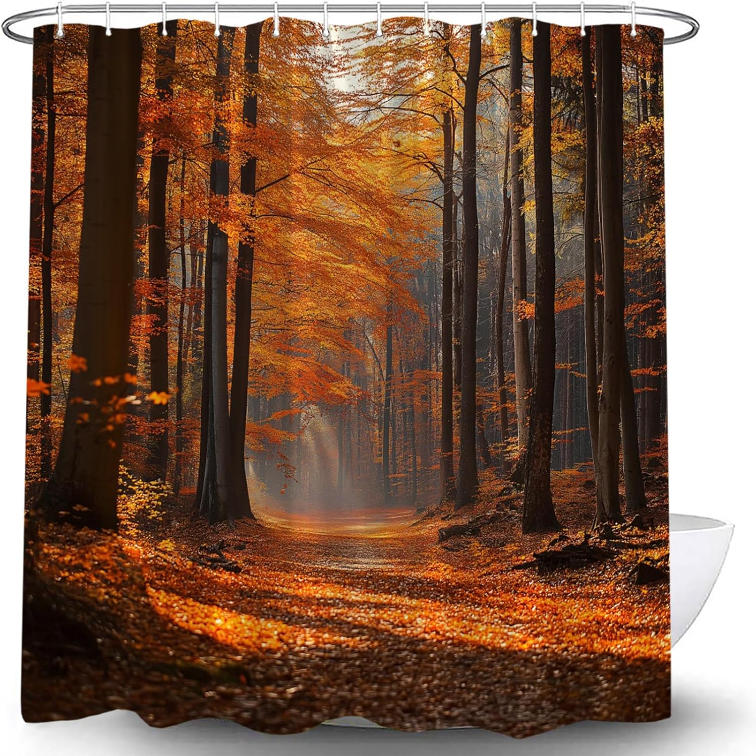 Fall Forest Shower Curtain Fallen Maple Leaves Sunshine Autumn Tree Seasonal Outdoor Harvest Farmhouse Nature Scenery Landscape Bath Curtain with Hook,70x83.8 Inch