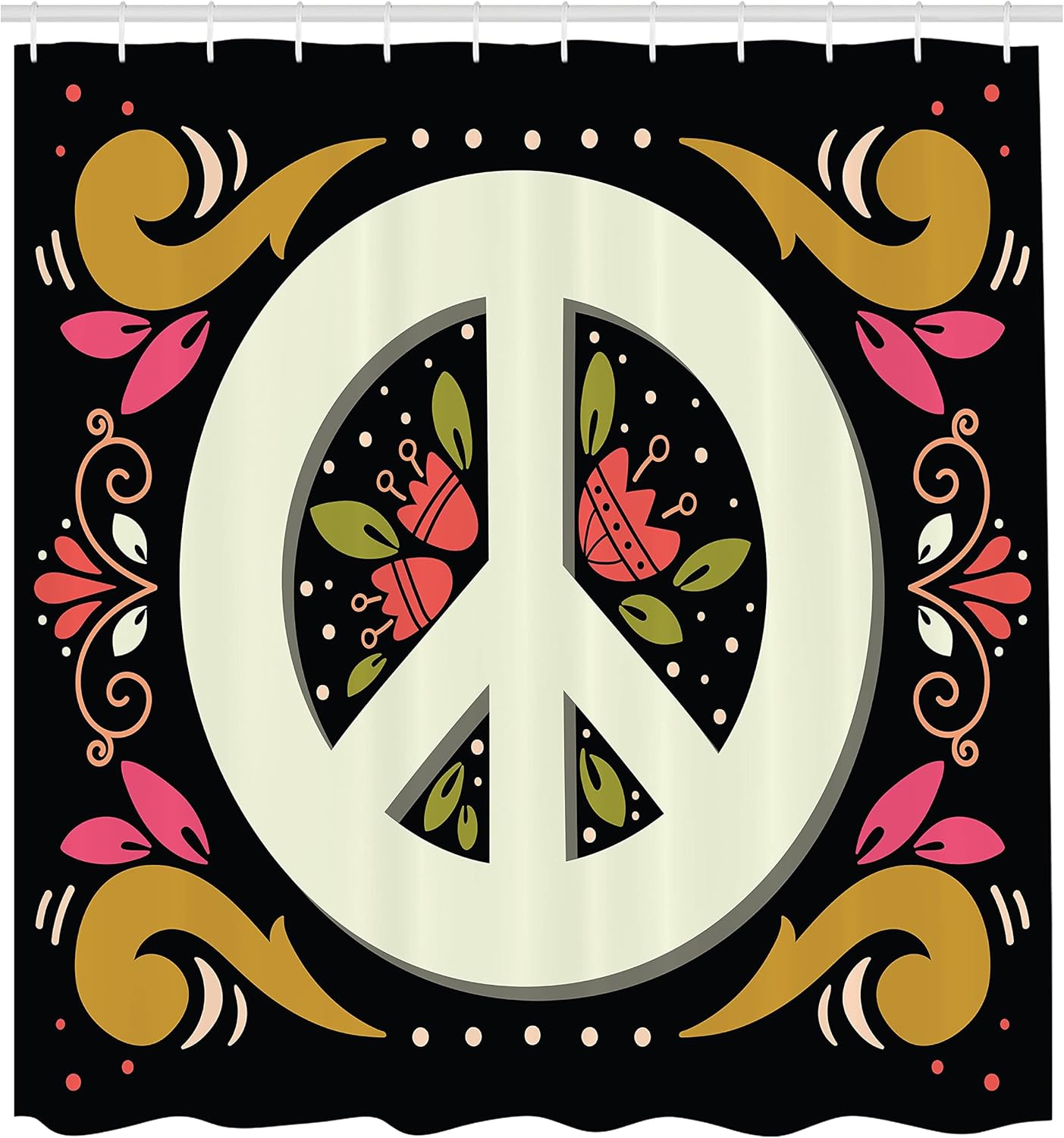 Ambesonne Hippie Shower Curtain, Graphic Peace Sign with Flower Shapes Sixties and Seventies Pacifism or, Cloth Fabric Bathroom Decor Set with Hooks, 69" W x 70" L, Black Dark Mustard