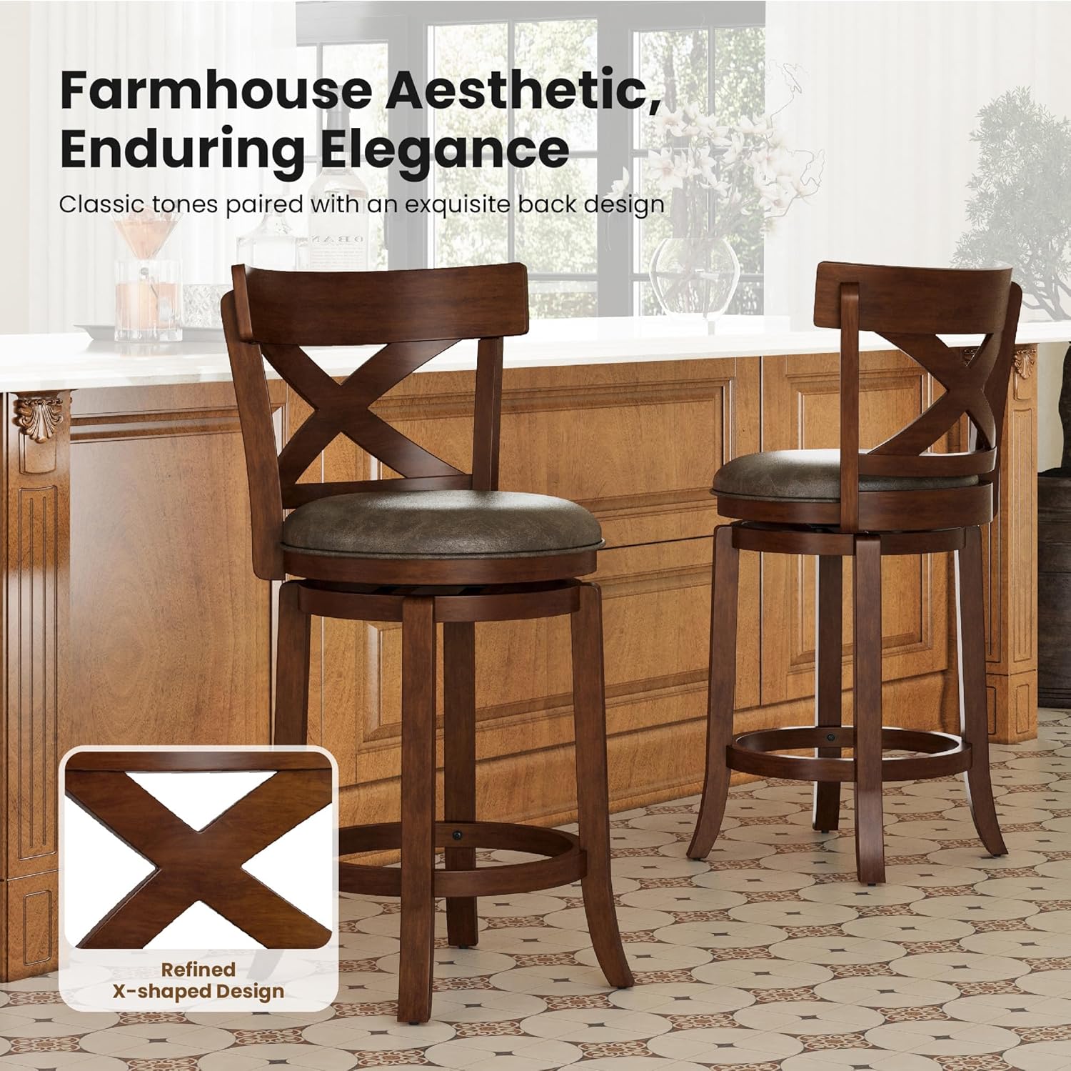 PHI VILLA 26 inch Counter Height Bar Stools Set of 6, Swivel Bar Stools with Back, Wooden Bar Chairs Faux Leather Kitchen Counter Stools