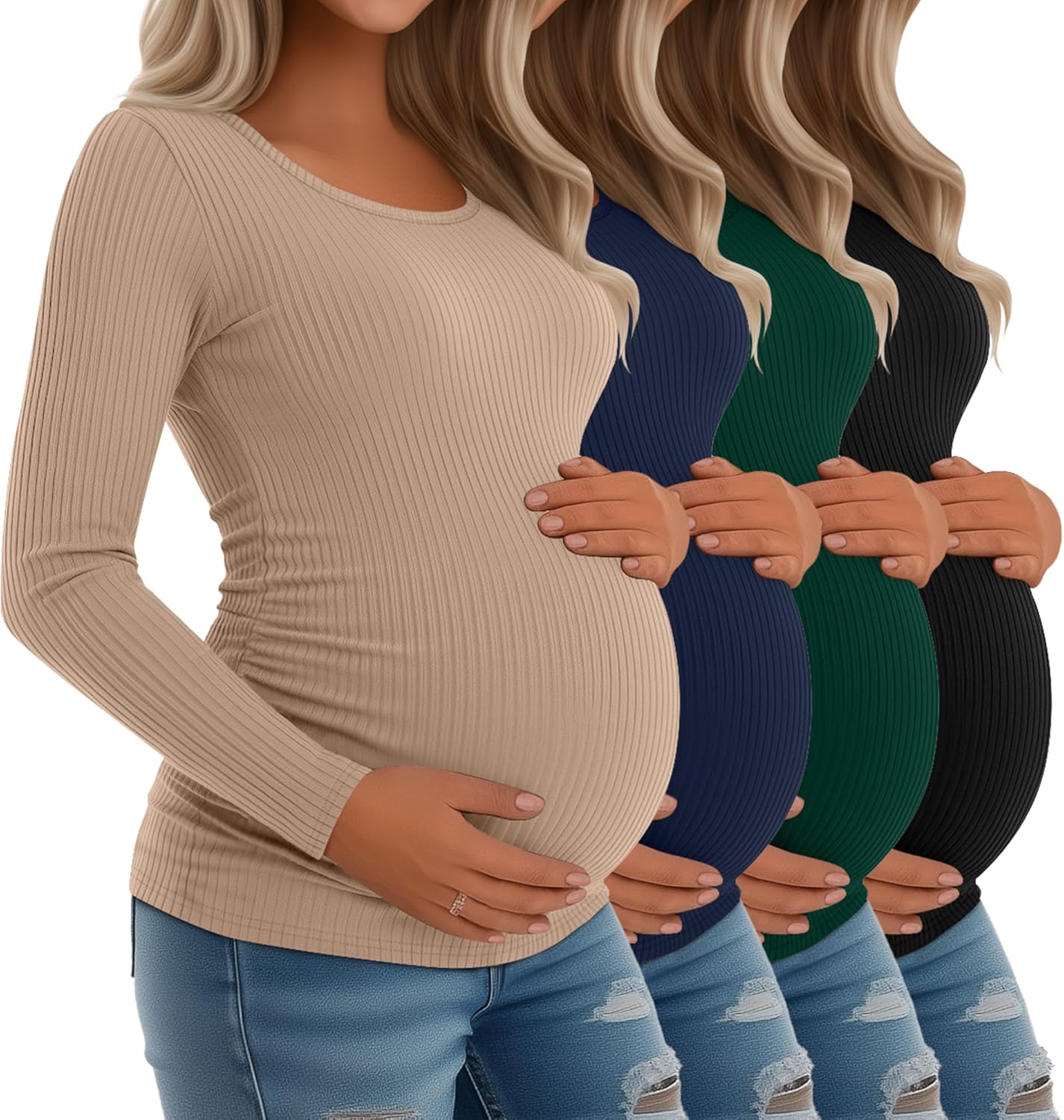 Riyiper 4 Pack Women's Maternity Shirts, Long Sleeve Cotton Ribbed Pregnancy Tee Top Crewneck Side Ruched Casual Mama Clothes