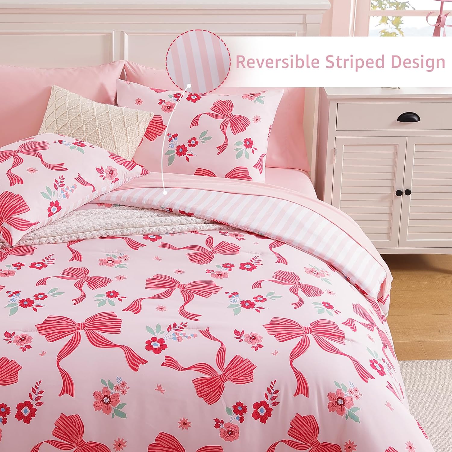 Twin XL Comforter Set for Girls, Pink Bow Bedding Set with Cute Floral, All Season Kids Dorm Bed in a Bag 5 Pieces with Sheets, Pillowcase & Sham - Image 3