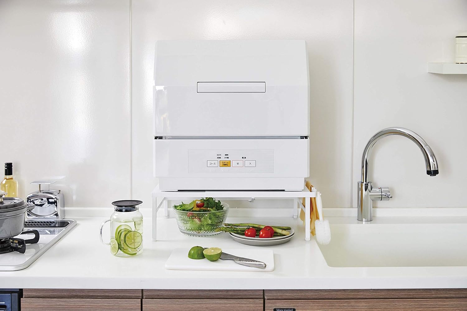 Yamazaki 5181 Telescopic Dishwasher Rack, White, Approx. W 14.6 x D 14.2 x H 5.5-6.5 inches (37-62 x 36 x 15-16.5 cm), Tower Lower Level Turns into Work Space, Includes Hooks, Adjuster Included