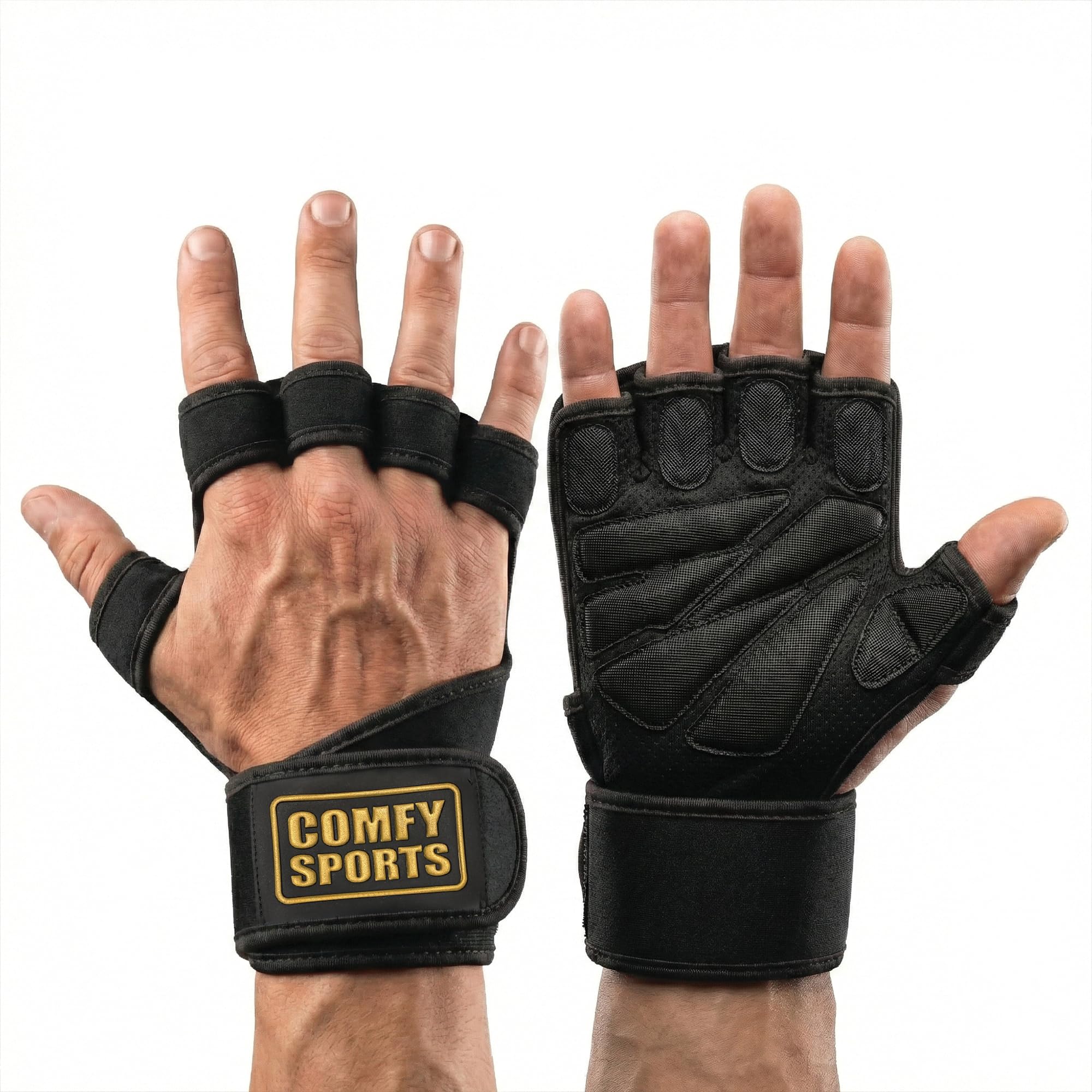 Comfy Open Gym Gloves for Men & Women Padded Weight Lifting Gloves with Wrist Support for Anti-Sweat Gym Accessories Strong-Grip Fingerless Workout Gloves for Men & Women (Black/Gold, Large)