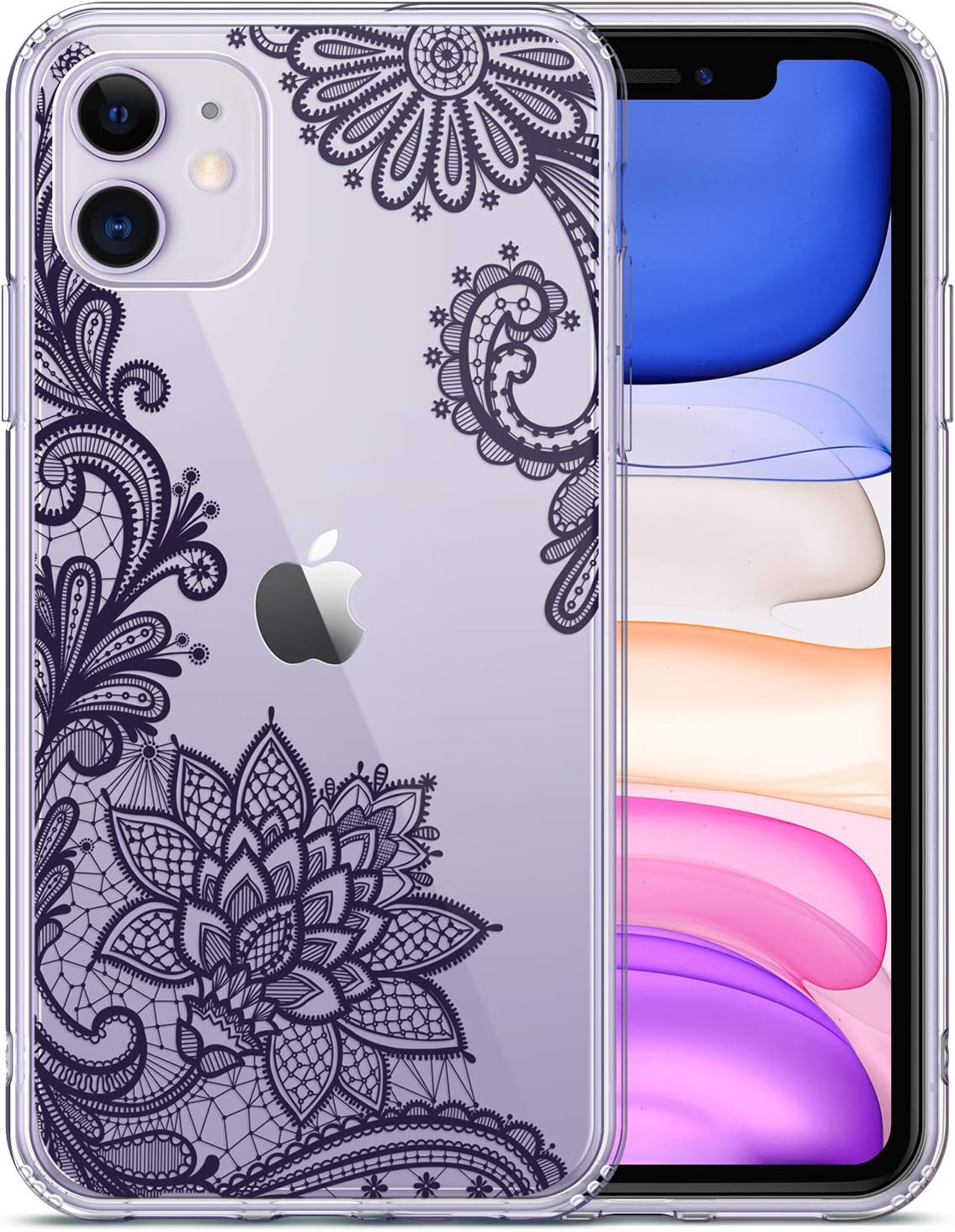 GVIEWIN Noble Series Designed for iPhone 11 Case, Clear Soft TPU Bumper & Hard Back with Floral Pattern Slim Lightweight Graceful Phone Cover for iPhone 11 6.1 Inch 2019 (Lace Lotus/Dark Purple)