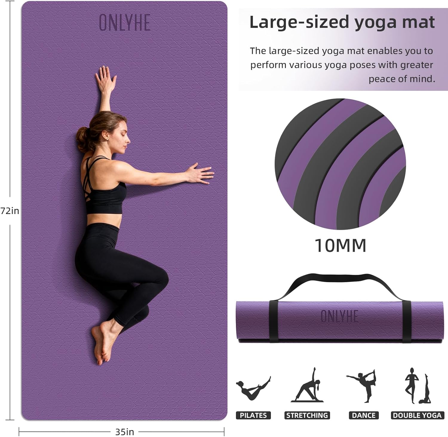 Yoga Mat Thick(10mm) Exercise Mat Non Slip Anti-tear,72"x35" Extra Large Pilates Mats for Home Workouts, Gym & Floor Stretching with Carrier Strap - Image 2